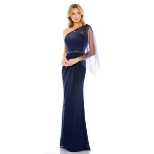 Mac Duggal 16 navy Embellished One Shoulder Draped Gown dress mesh sequin prom